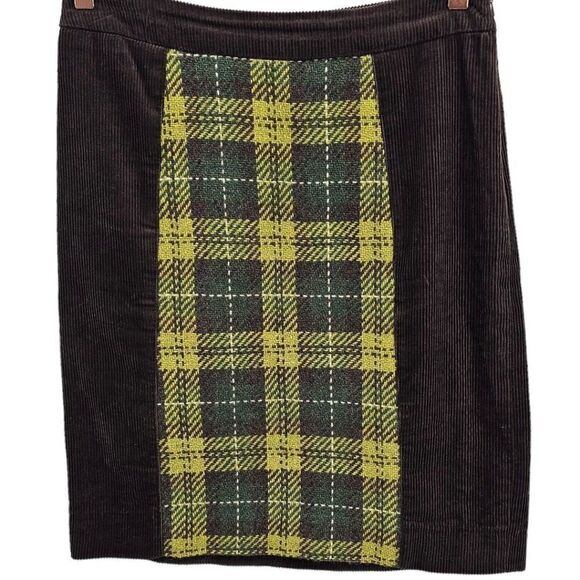 Anthropologie Maeve Womens 4 Corduroy Wool Blend Green Yellow Plaid Mini Skirt - Picture 2 of 10
